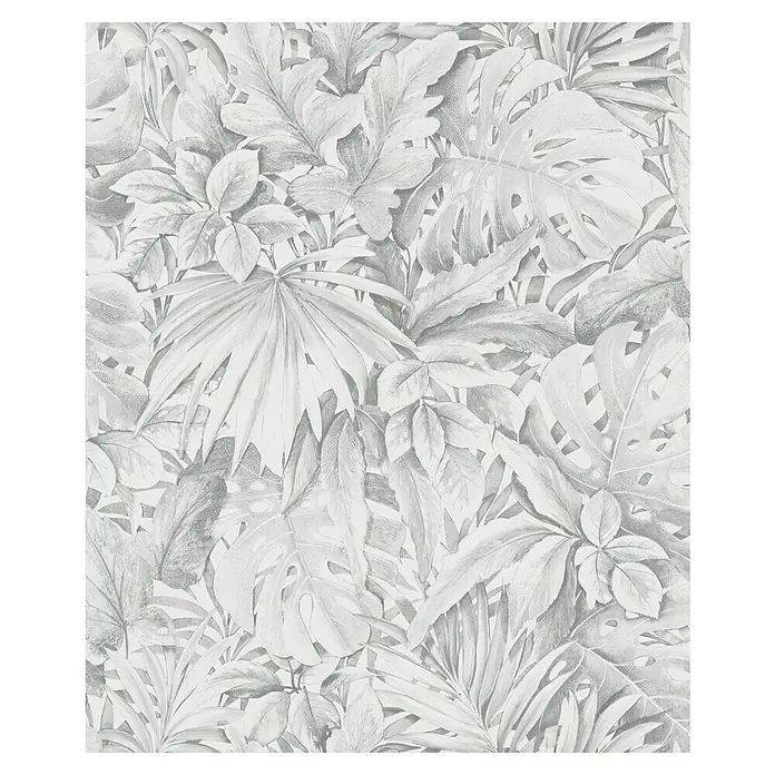Marburg Botanica Vliestapete - Hellgrau, Floral, 10,05 x 0,53 m - Graues Dschungel-Tapetenmuster mit einer Vielzahl von Blättern und botanischen Elementen.