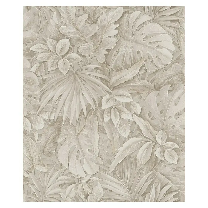 Marburg Botanica Vliestapete - Beige, Floral, 10,05 x 0,53 m - Nahaufnahme eines beigen botanischen Blättertapetenmusters mit üppigen tropischen Blättern und komplizierten Details.