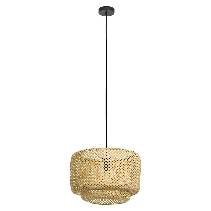 Eglo Pendelleuchte HETTONLE - 40 W, Schwarz, E27 - Attraktive Hängeleuchte mit einem Lampenschirm aus natürlichem Rattan und einem schwarzen Baldachin, die jedem Raum einen Hauch von Bohème-Stil verleiht.