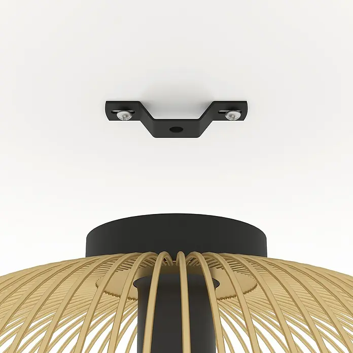 Eglo Venezuela Deckenleuchte - 40 W, Ø x H: 38,5 x 25 cm, Schwarz/Gold, E27 - Deckenleuchte mit einem schwarzen Baldachin und einem Lampenschirm aus hellem Holz, der eine warme und natürliche Atmosphäre schafft.