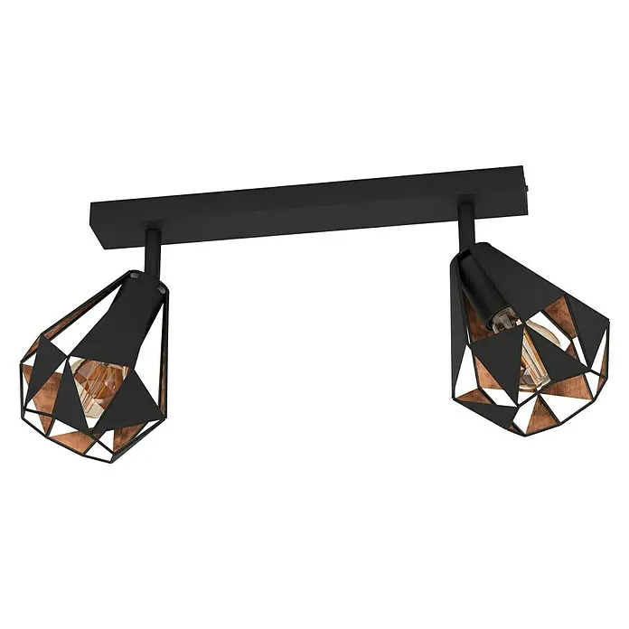 Eglo Carlton 7 Wandstrahler - 80 W, L x B x H: 42 x 16 x 25,5 cm, Schwarz/Kupfer-antik, E27, Anzahl Leuchtmittel: 2 Stk. - Eine schwarze Deckenleuchte mit zwei geometrischen Lampenschirmen und kupferfarbenen Akzenten.