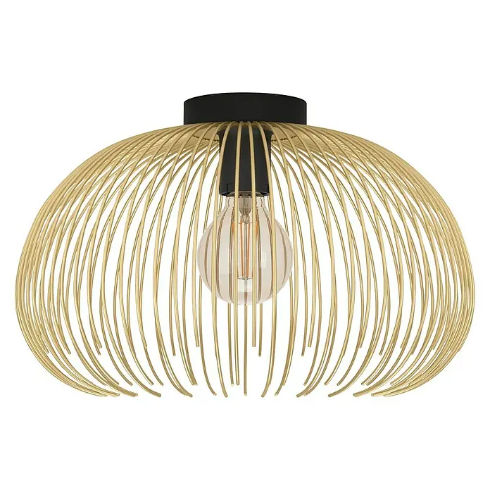 Eglo Venezuela Deckenleuchte - 40 W, Ø x H: 38,5 x 25 cm, Schwarz/Gold, E27 - Nahaufnahme einer Deckenleuchte mit goldenem Drahtschirm und einer dekorativen Glühbirne, die ein warmes Licht ausstrahlt.