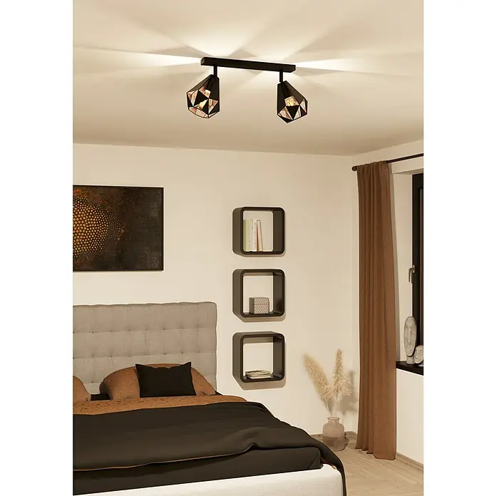 Eglo Carlton 7 Wandstrahler - 80 W, L x B x H: 42 x 16 x 25,5 cm, Schwarz/Kupfer-antik, E27, Anzahl Leuchtmittel: 2 Stk. - Schwarze Deckenleuchte mit zwei geometrischen Lampenschirmen. Die Leuchte sorgt für stilvolle Beleuchtung im Raum.