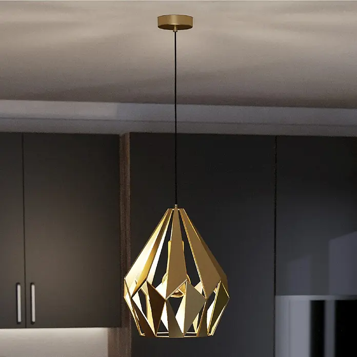 Eglo Lámpara colgante Carlton - 60 W, Ø x Al: 38,5 x 110 cm, Dorado, E27 - Lámpara colgante dorada con un diseño geométrico en forma de diamante. Un elemento de iluminación elegante para espacios modernos.