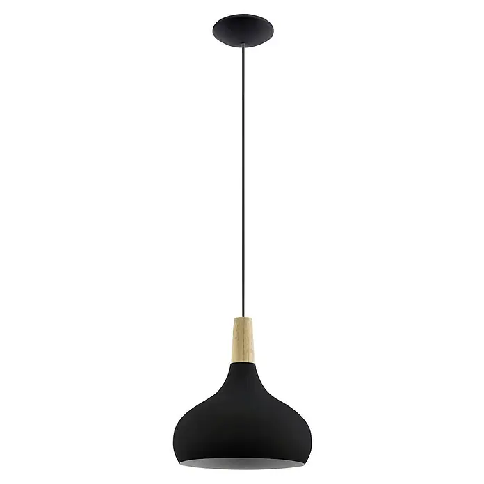 Eglo Lámpara colgante redonda Sabinar - 40 W, Ø x Al: 28 x 11 cm, Negro/Marrón, E27 - Lámpara colgante negra con detalles de madera y barra vertical elegante, ideal para interiores modernos.