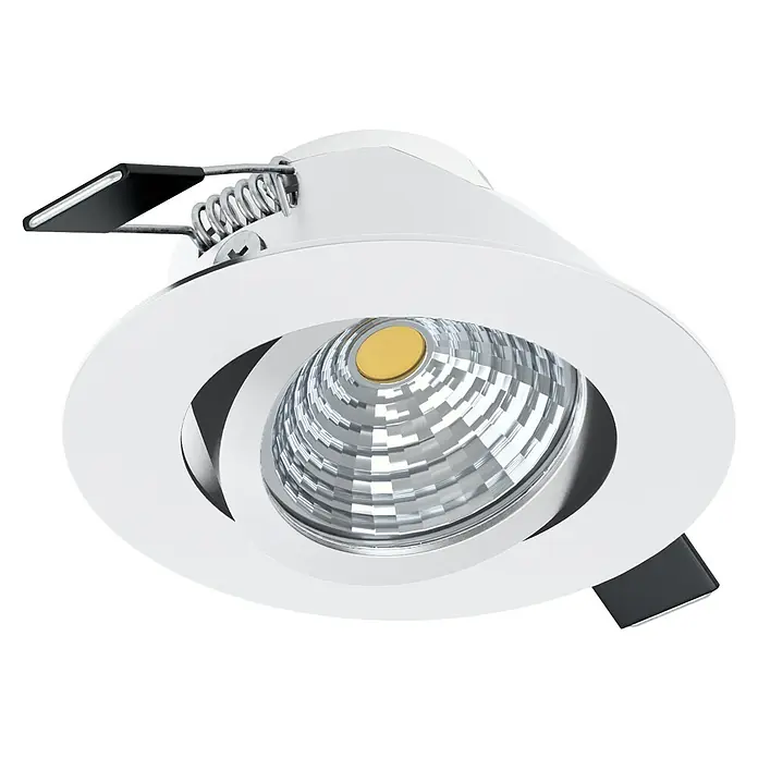 Eglo LED-Einbauleuchte SALICETO - Warmweiß, Durchmesser: 8,8 cm, Weiß, 1 Stk. - Nahaufnahme einer versenkten LED-Leuchte mit weißer Einfassung und silbernem Reflektor, ideal für moderne Innenräume.