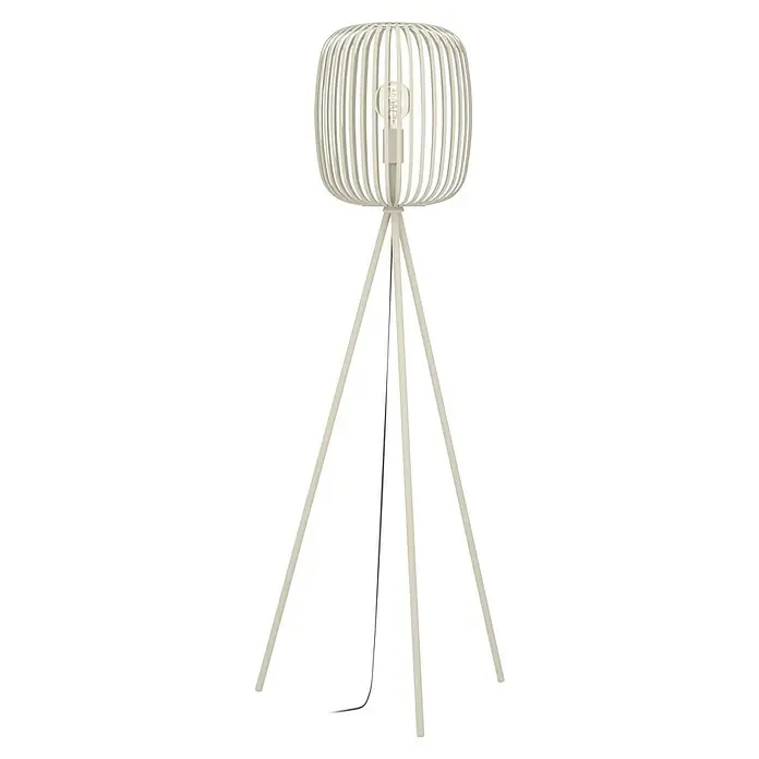 Eglo Romazzina Stehleuchte - 40 W, Höhe: 140,5 cm, Sand, E27 - Freistehende Lampe mit weißem Holzgestell und offenem Lampenschirm mit dekorativer Glühbirne.