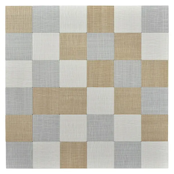 Selbstklebemosaik SAM 4MT99M - 30,5 x 30,5 cm, Beige/Grau, Matt - Nahaufnahme eines Musters aus strukturierten, quadratischen Wandpaneelen in Beige, Grau und Weiß, die eine moderne, textile Optik erzeugen.