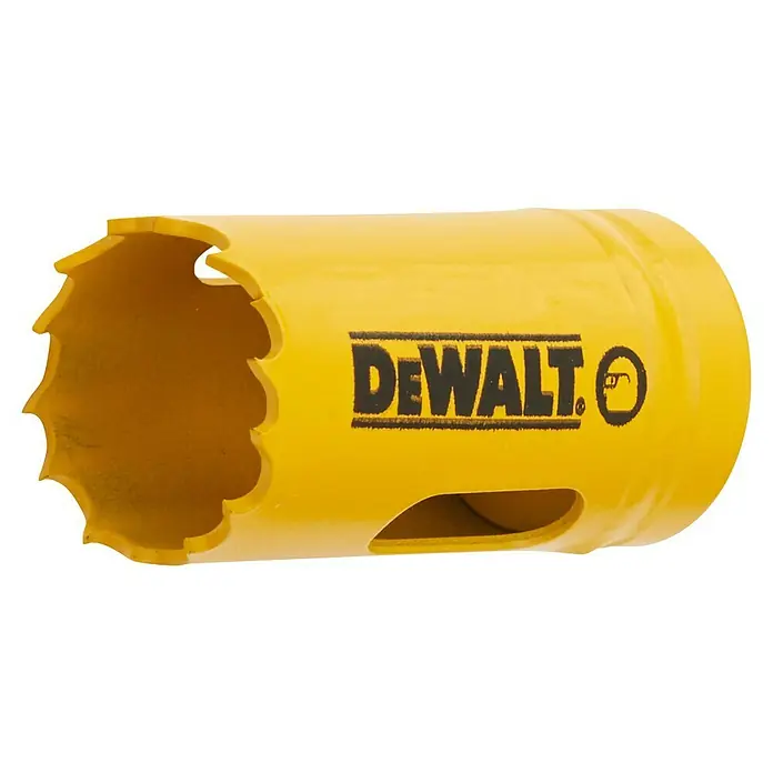 DeWalt Broca de taladro DT83 - 1 ud., Diámetro de la broca: 20 mm - Primer plano de una sierra de corona amarilla DeWalt con borde dentado y recortes laterales.