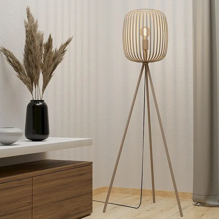 Eglo Romazzina Stehleuchte - 40 W, Höhe: 140,5 cm, Sand, E27 - Elegante Stehlampe mit Holzgestell und dekorativem Lampenschirm, ideal für moderne Wohnräume.