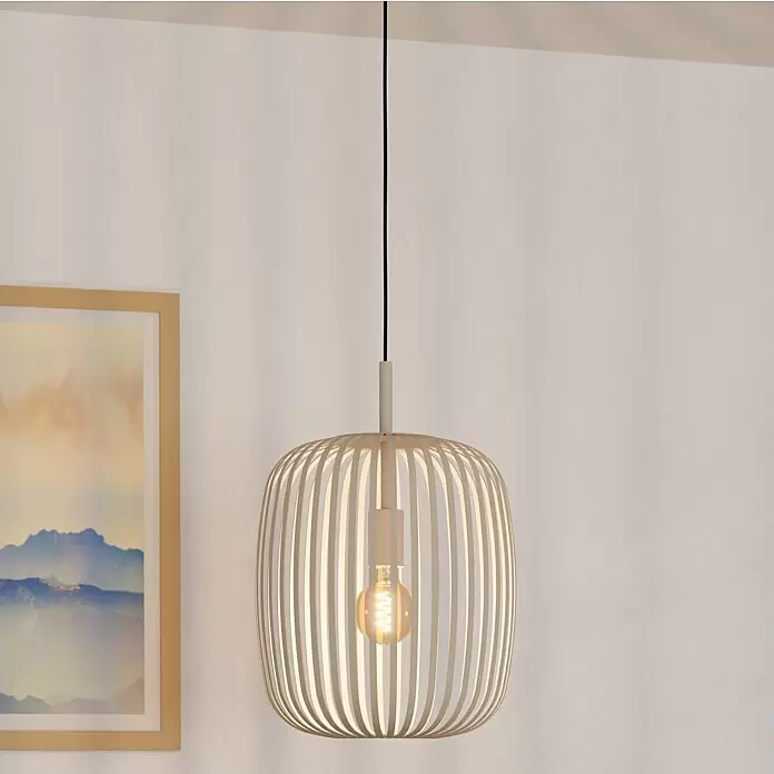 Eglo Romazzina Pendelleuchte - 40 W, Sand, E27, Anzahl Leuchtmittel: 1 Stk. - Pendelleuchte aus hellen Holzlamellen mit freiliegender Glühbirne, hängt an der Decke.