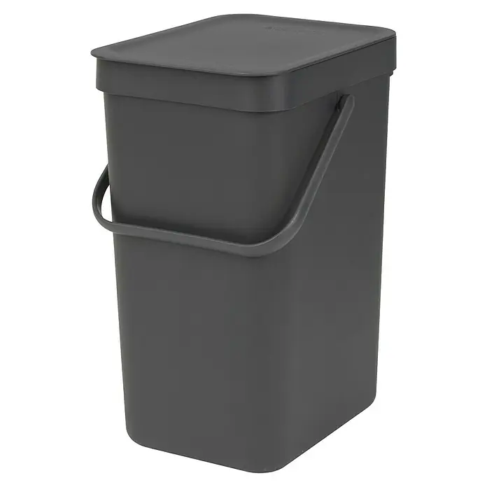Brabantia Cubo de basura empotrado Sort & Go - 12 l, Gris, Plástico - Un cubo de compostaje gris con tapa y asa, ideal para recolectar residuos orgánicos en la cocina o el jardín.