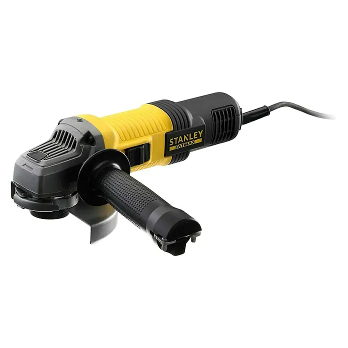 Stanley FatMax Elektro-Winkelschleifer FMEG220-QS - 850 W, 125 mm, 12.000 U/min - Ein Stanley Fatmax Winkelschleifer in Gelb und Schwarz mit Schutzvorrichtung und Kabel. Das Gerät ist für Schleifarbeiten konzipiert.