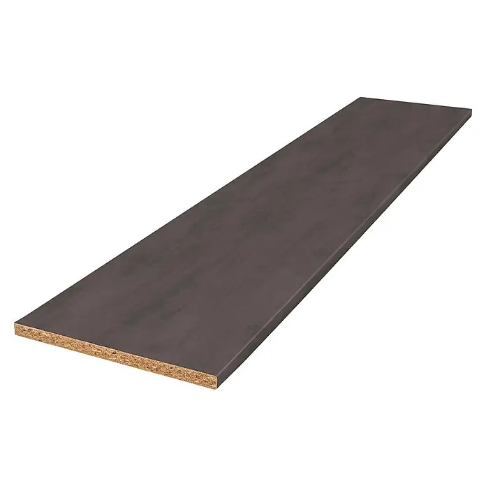 Arbeitsplatte - 280 x 60 x 2,8 cm, Chrome Anthrazit - Ein dunkles Regalbrett aus Holzwerkstoff mit sichtbarer Spanplattenstruktur an der Kante. Ideal für DIY-Projekte und Möbelbau.