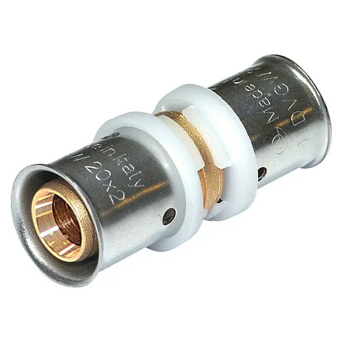 Presskupplung - Durchmesser: 16 mm, 10 Stk. - Nahaufnahme einer Pressverbindung aus Metall mit weißen Kunststoffringen. Ideal für Sanitärinstallationen und Heizungssysteme, robust und langlebig.
