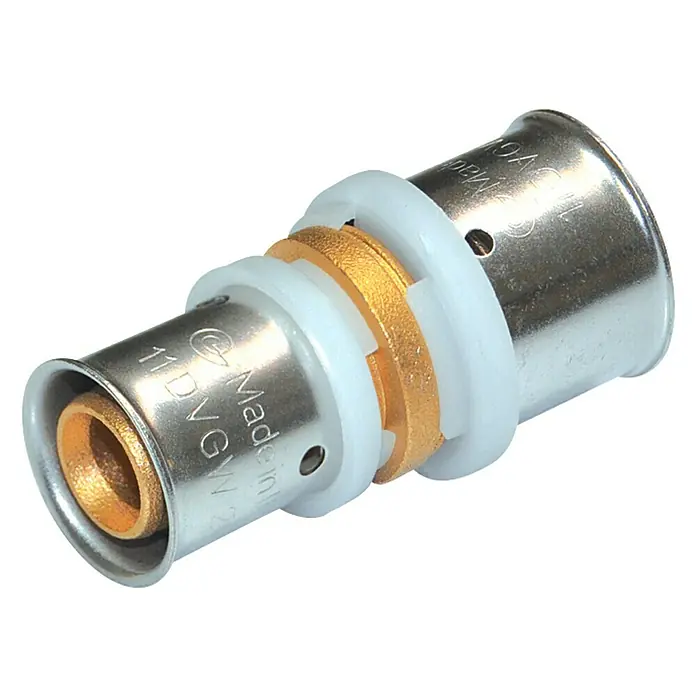Press-Reduzierkupplung - 20 x 16 mm, 10 Stk. - Nahaufnahme eines Viega-Pressverbinders aus Metall mit goldenen und weißen Details, ideal für Sanitär- und Heizungsinstallationen.