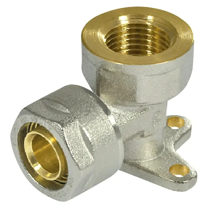 Schraub-Wandwinkel - Durchmesser: 16 mm, Innengewinde: ½″, Vernickelt, 10 Stk. - Ein Messing-Winkelstück mit Innengewinde und Befestigungslaschen für Sanitär- und Heizungsinstallationen.