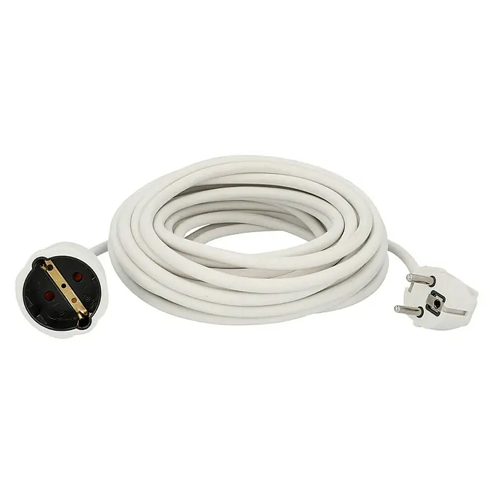 Voltomat Verlängerungskabel - 10 m, Weiß, H05VV-F - Weißes Verlängerungskabel mit Schutzkontaktstecker und -kupplung, aufgerollt präsentiert.