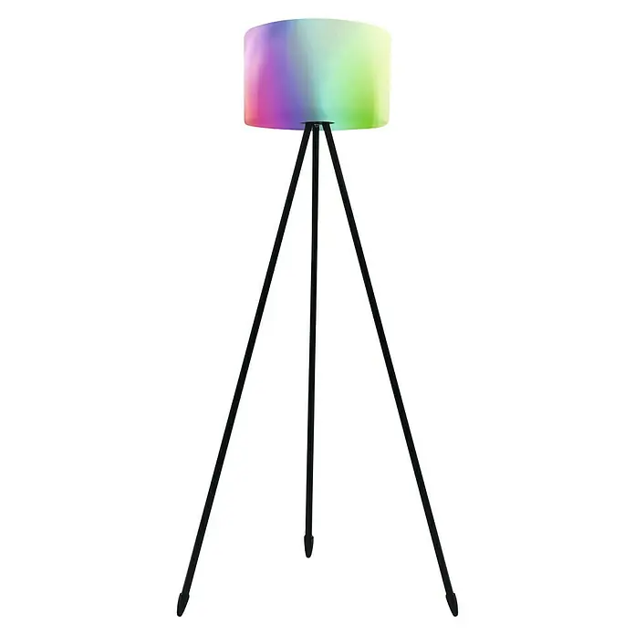 Müller-Licht Tint LED-Stehleuchte Khaya - Höhe: 143 cm, RGBW - Stehlampe mit einem farbenfrohen Lampenschirm und einem Stativ aus schwarzem Metall. Sie sorgt für eine angenehme und dekorative Beleuchtung.