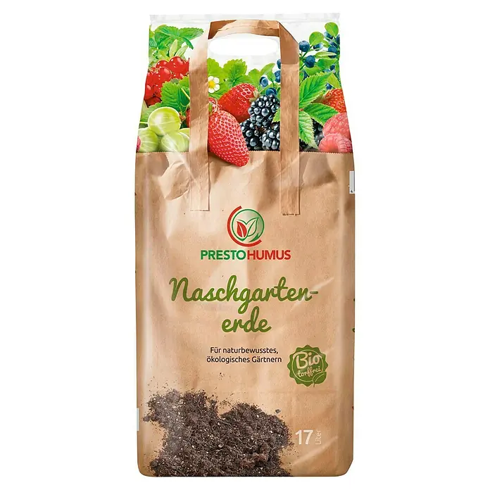 Presto Humus Blumenerde - 17 l - Abbildung einer Presto Humus Naschgartenerde-Verpackung, ideal für naturbewusste, ökologische Gärtner.