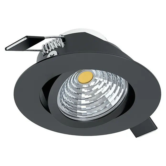 Eglo LED-Einbauleuchte SALICETO - Warmweiß, Durchmesser: 8,8 cm, Schwarz, 1 Stk. - Nahaufnahme einer schwarzen LED-Deckeneinbauleuchte mit spiralförmigem Reflektor.
