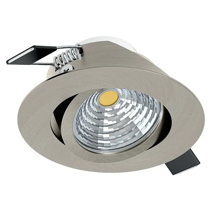 Eglo LED-Einbauleuchte SALICETO - Warmweiß, Durchmesser: 8,8 cm, Nickel-matt, 1 Stk. - Nahaufnahme eines Deckenspots mit gebürsteter Metalloberfläche, der modernes Design und hochwertige Beleuchtung vereint.