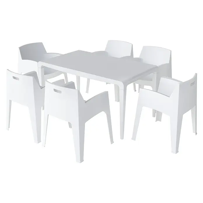 Silla de jardín Master - 60 x 67 x 82 cm, Blanco, Polipropileno, Apilable - Un conjunto de mesa de patio blanca con seis sillas, ideal para relajarse y comer al aire libre.