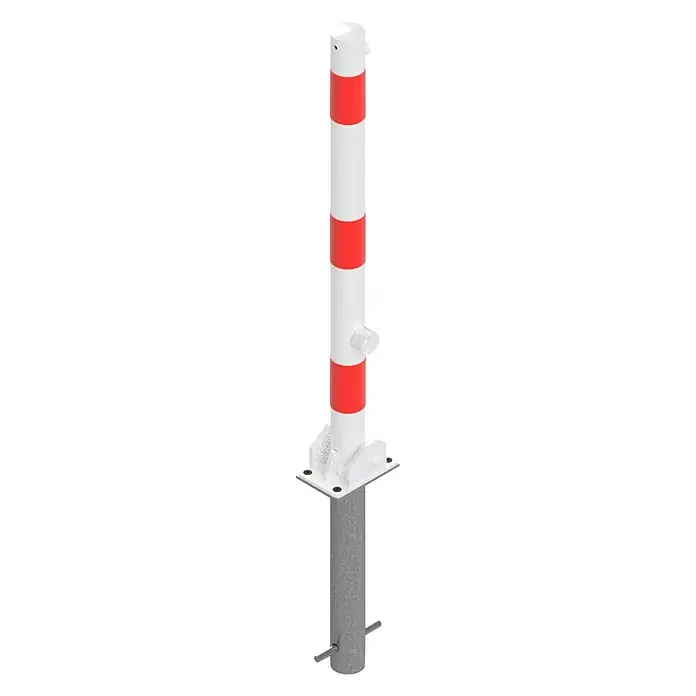 Schake Sperrpfosten - Ø x H: 60 x 1.300 mm, Stahl, Einbetonieren, Weiß/Rot, Dreikantverriegelung - Eine rot-weiß gestreifte Sicherheitssäule zur Verkehrsberuhigung und zum Schutz von Fußgängerzonen. Robuste Bauweise für den Außenbereich.