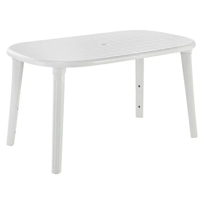 Set de muebles de jardín Cancún - 5 pzs., Polipropileno, Blanco, L x An x Al: 140 x 80 x 73 cm - Una mesa de jardín ovalada de plástico blanco con un diseño simple y cuatro patas, ideal para uso en exteriores.