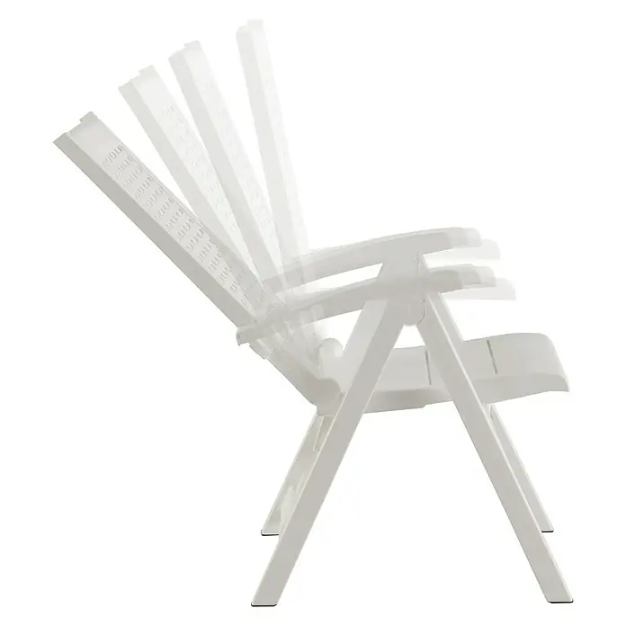 Sillón de posiciones Cannes - 65 x 63 x 108 cm, Polipropileno, Respaldo regulable, Blanco - Imagen de una tumbona de jardín blanca ajustable que muestra diferentes posiciones del respaldo. Ideal para relajarse al aire libre.