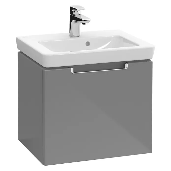 Villeroy & Boch Subway 2.0 Waschbecken 1 - 45 x 37 cm, Ohne Spezialglasur, Hahnloch: Mitte, Mit Überlauf, Weiß - Modernes Waschbecken mit grauem Unterschrank und Chromarmatur für ein stilvolles Badezimmerdesign.