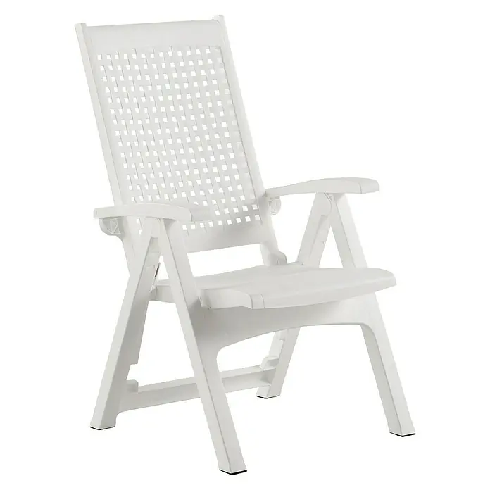 Sillón de posiciones Cannes - 65 x 63 x 108 cm, Polipropileno, Respaldo regulable, Blanco - Una silla de jardín plegable blanca con reposabrazos. Ideal para uso exterior y fácil de guardar cuando no está en uso.