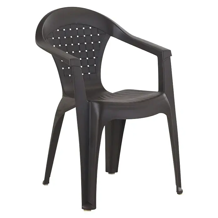 Silla de jardín Dream - 56 x 60 x 87,5 cm, Wengué, Polipropileno, Apilable - Una silla de plástico marrón con reposabrazos y un diseño trenzado en el respaldo, ideal para exteriores.