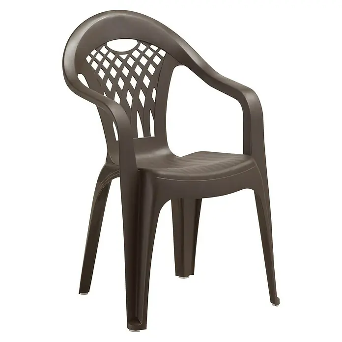 Silla de jardín Cancún - 59 x 54 x 86 cm, Marrón, Polipropileno, Apilable - Silla de jardín de plástico marrón con reposabrazos y respaldo decorativo.
