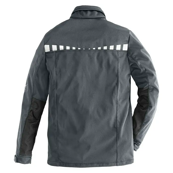 Puma Workwear Chaqueta Softshell Champ - Gris, L - Imagen de una chaqueta de trabajo gris con elementos reflectantes en la parte posterior para mayor visibilidad y seguridad.