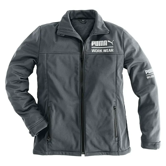 Puma Workwear Chaqueta Softshell Champ - Gris, L - Chaqueta de trabajo gris Puma con cremallera y logotipo impreso. Diseñada para uso profesional, ofrece comodidad y funcionalidad en el trabajo.