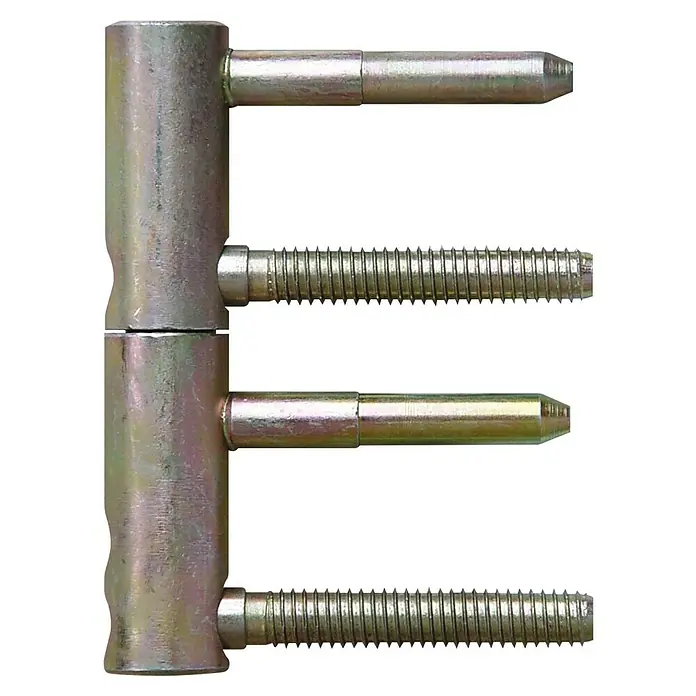 Solid Elements Nebeneingangstür 8704 - 98 x 198 cm, DIN Anschlag: Rechts, Natur - Nahaufnahme eines Türbandes aus Metall mit Schrauben, das für robuste Türbefestigungen entwickelt wurde.