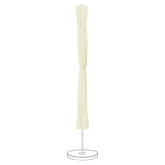 Suncomfort Parasol de balcón Flex Roof - Crudo, 210 x 150 cm, Aluminio - Imagen de una funda protectora color crema para una sombrilla con cordones para sujetarla a la base exterior.