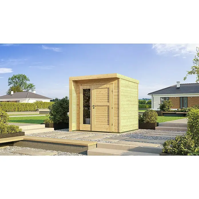 Weka Gartenhaus 262 B - Außenmaß inkl. Dachüberstand (B x T): 214 x 218 cm, Holz, Natur, Doppeltür - Außenansicht eines modernen Holzgartenschuppens mit Doppeltür und Flachdach, umgeben von einer Gartenlandschaft.
