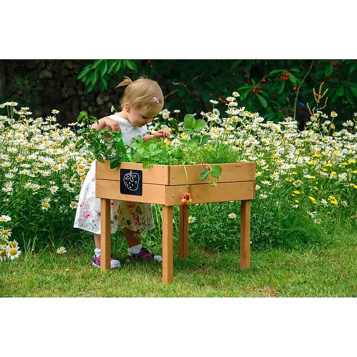 Dobar Hochbeet - 50 x 40 x 45 cm, Holz, Braun - Ein kleines Mädchen steht im Garten und inspiziert ein Hochbeet aus Holz mit Erdbeerpflanzen.