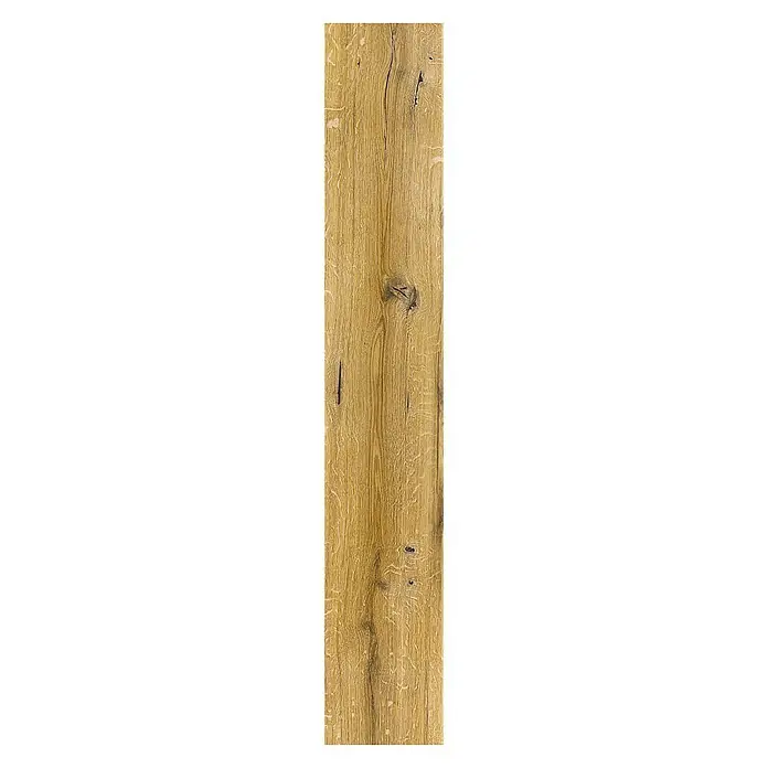 Parkett - Eiche natur geölt, Landhausdiele, 1.092 x 180 x 14 mm - Ein rechteckiges Stück hellbraunen Holzes mit natürlicher Maserung und Astlöchern. Ideal für rustikale Möbel und Bodenbeläge.
