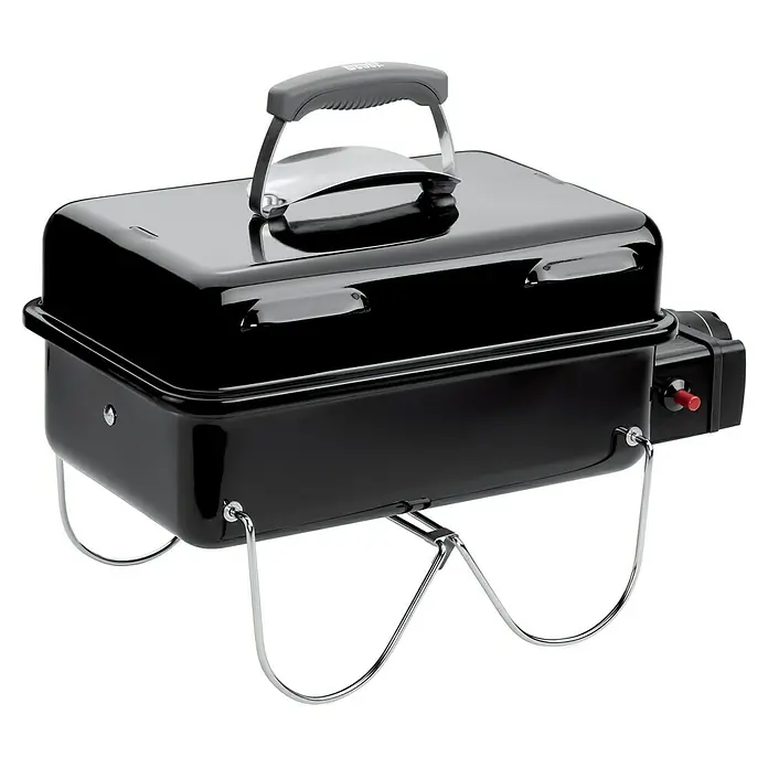 Weber Go-Anywhere Barbacoa de carbón - Superficie de la parrilla (An x Pr): 42 x 26 cm, Negro - Barbacoa de gas Weber portátil negra con asa y patas cromadas, ideal para viajes y espacios pequeños.
