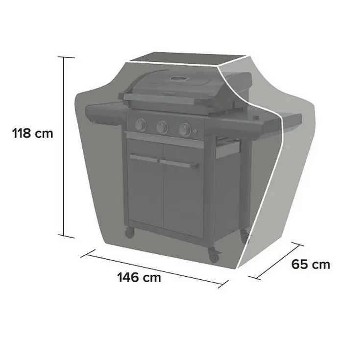 Campingaz Funda protectora para barbacoa Universal - L x An x Al: 146 x 118 x 66 cm, Poliéster, Negro - Imagen de una funda de parrilla gris, cuyas dimensiones son 118 cm de alto, 146 cm de ancho y 65 cm de profundidad.