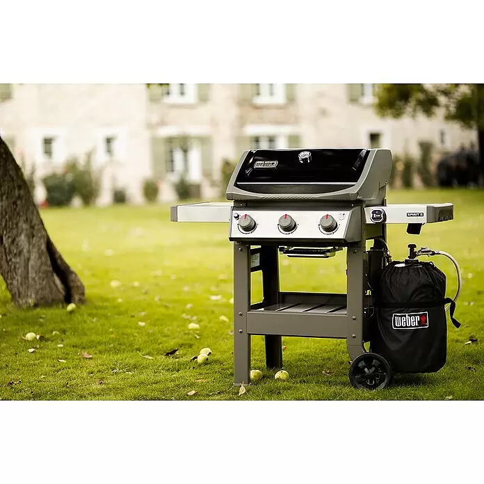 Weber Barbacoa de gas Spirit II E-310 + 7 accesorios - Superficie de la parrilla (An x Pr): 60 x 46 cm, 8,7 kW, Número de quemadores: 3 - Parrilla de gas Weber Spirit II gris y negra, con tanque de propano en bolsa Weber.