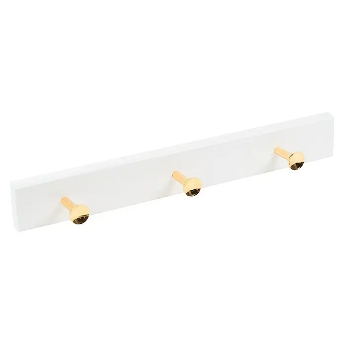 Nesu Perchero 9014 - L x An x Al: 485 x 5 x 49 cm, Madera, Blanco/Dorado, 3 Pomos - Perchero de pared con tres ganchos dorados sobre una tabla blanca para un almacenamiento elegante de chaquetas y accesorios.