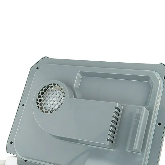 Campingaz Nevera de camping Powerbox Plus - 28 l, 31 x 41 x 47 cm - La parte posterior gris de un lavavajillas detallada con una ventilación, un hueco para el asa y ranuras para la circulación del aire.