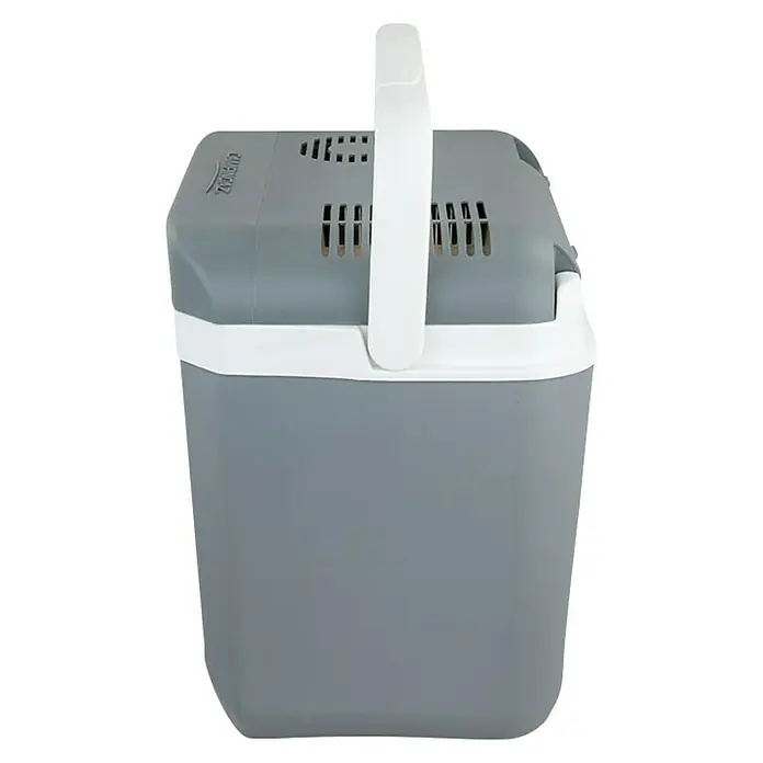 Campingaz Nevera de camping Powerbox Plus - 28 l, 31 x 41 x 47 cm - Una nevera portátil gris con asa y detalles blancos, ideal para excursiones y mantener bebidas y alimentos frescos.