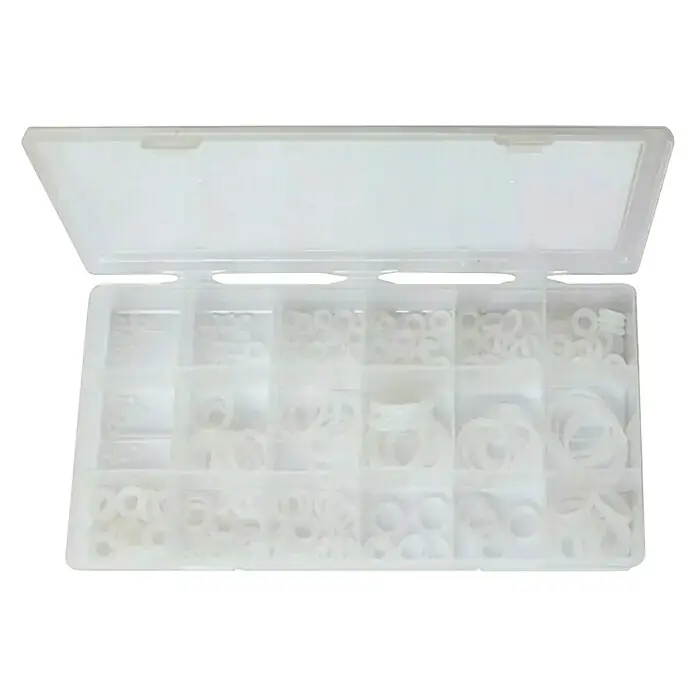 BAUHAUS Set de juntas tóricas - 225 ud., Goma - Una caja de plástico transparente llena de una variedad de juntas tóricas blancas en diferentes tamaños, dispuestas ordenadamente en compartimentos.