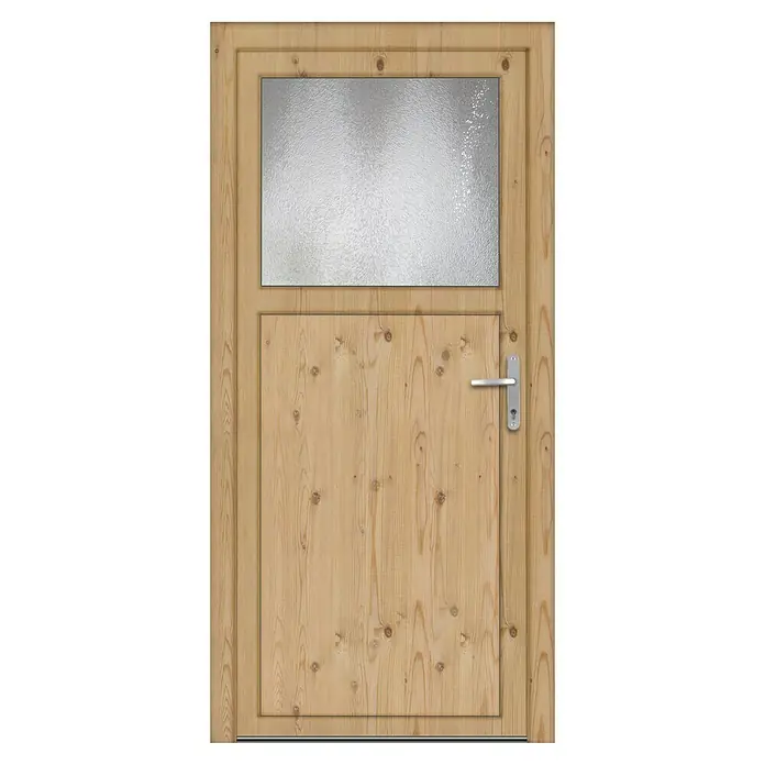 Panto Nebeneingangstür K 504 - 98 x 198 cm, DIN Anschlag: Rechts, Kiefer - Nahaufnahme einer Holztür mit Fenster und silbernem Türgriff. Die Tür hat eine natürliche Holzmaserung und ein schlichtes Design.