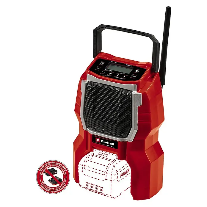 Einhell Power X-Change 18V Akku-Baustellenradio TC-RA 18 Li-SoloSchwarz/Rot, Akkuspannung: 18 V, Anzahl Akkus: Ohne Akku, Frequenz: 87,5 - 108,0 kHz (FM) - Abbildung eines roten Einhell Akku-Radio, ein robustes und tragbares Gerät für Baustellen oder den Einsatz im Freien.